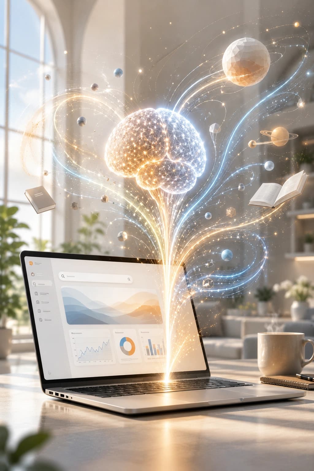 Modern glowing AI brain rising from a laptop with research citation networks and knowledge graph nodes